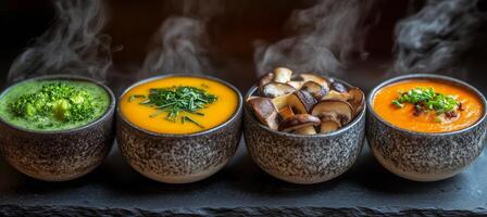 Steaming bowls of vibrant soup in a cozy restaurant setting during winter evening photo