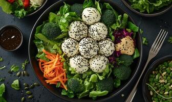 Fresh vegetable salad with creamy dressing and sesame seeds served in a dark bowl photo
