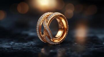 Elegant intertwined gold rings with sparkling gemstones on a dark reflective surface photo