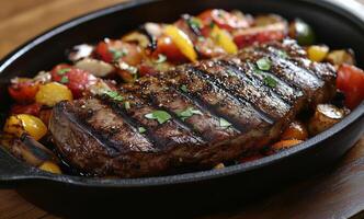 Grilled steak with colorful vegetables in a cast iron skillet served on a wooden table photo