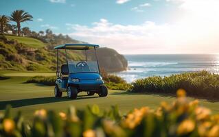 Golf cart parked on a scenic coastline during golden hour at a coastal golf course photo