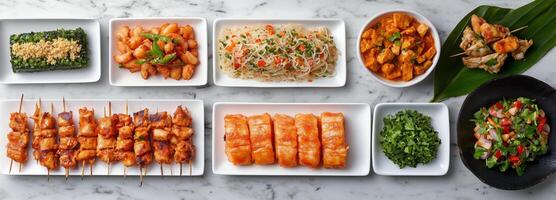 Delicious array of grilled meats and vegetarian dishes served on a marble table photo