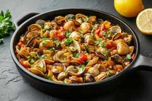 Clams cooked with vegetables and herbs served in a skillet with lemon on the side photo