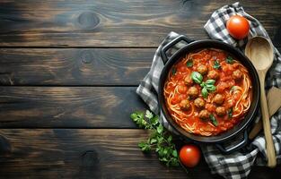 Spaghetti and meatballs served in a black pot with fresh ingredients and herbs on a wooden table photo