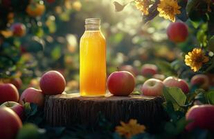 Freshly squeezed apple juice on a wooden stump surrounded by ripe apples at sunset photo