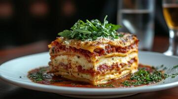 Delicious layers of lasagna served on a white plate with herbs at a cozy restaurant table photo