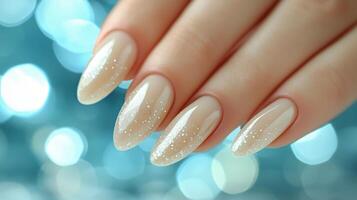 Elegant long nails with glitter design in an upscale beauty setting photo