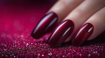 Elegant red manicure showcasing long, glossy nails against a sparkling background photo
