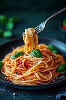 Delicious spaghetti served with fresh basil on a dark plate in a cozy setting photo
