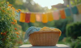 Freshly laundered clothes in a woven basket with colorful flags in a sunlit garden photo