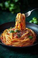 Delicious spaghetti served in a black bowl with fresh herbs and grated cheese photo