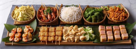 Variety of traditional Asian cuisine displayed on bamboo plates at a dining event photo