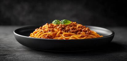 Delicious spaghetti bolognese served in a black bowl with fresh basil garnish photo