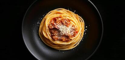 A black plate with spaghetti and meat photo