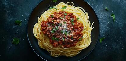 Spaghetti with meat sauce on a black plate photo