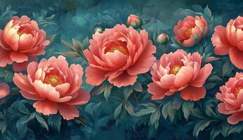 A painting of pink peonies on a blue background photo