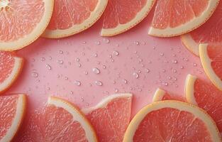 Grapefruit slices on pink background with water drops photo