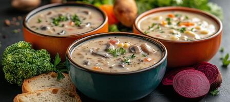 Two bowls of soup with vegetables and bread photo