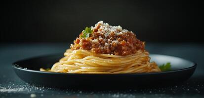 Spaghetti with meat sauce on black background photo