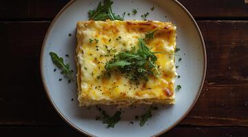 A square of lasagna on a plate photo