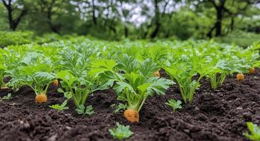 Carrot plants growing in the ground photo