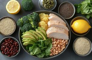 A bowl of food with chicken, broccoli, beans, spinach, and other vegetables photo