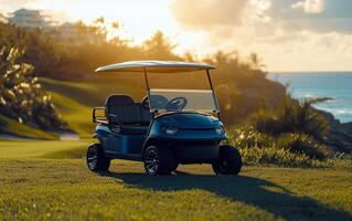A blue golf cart parked on the grass near the ocean photo