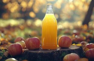 An orange juice bottle and apples on a stump photo