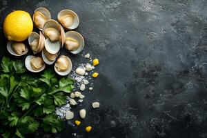 Clams, garlic, parsley and lemon on a dark background photo