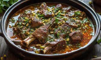 A bowl of meat and vegetables with herbs photo