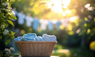 Baby clothes in a basket on a table photo