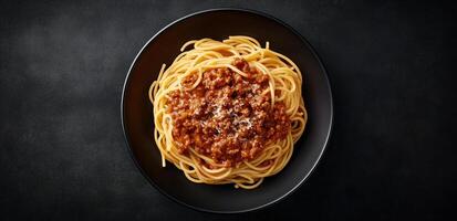 Spaghetti with meat sauce on a black plate photo