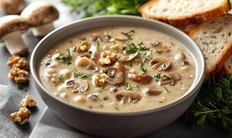 Mushroom soup with bread photo