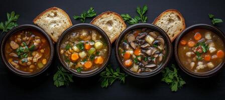 Four bowls of soup with bread on a black background photo