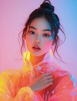 A woman in neon colored jacket posing for the camera photo