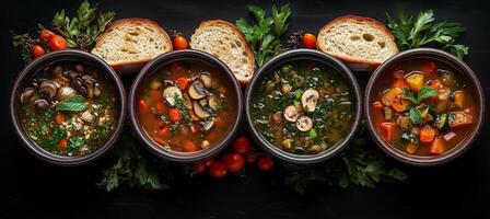 Five bowls of soup with vegetables and bread photo