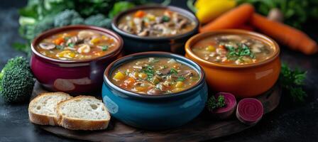 Three bowls of soup with vegetables and bread photo