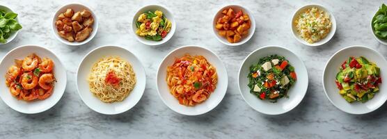 A series of white plates with different types of food photo