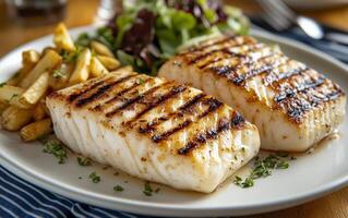 Grilled fish and french fries on a white plate photo