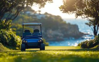 A golf cart is parked on the grass near the ocean photo
