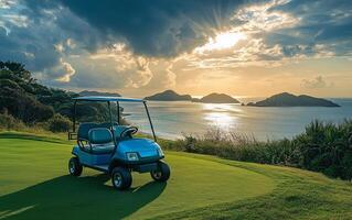 A golf cart on the green at sunset photo