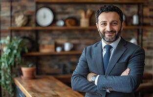 A man in a suit standing in front of a table photo