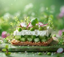 A piece of food with cucumbers and green onions photo
