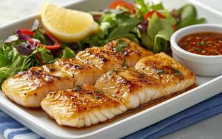 Grilled salmon with lemon and herbs photo