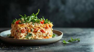 A plate of lasagna with vegetables and herbs photo