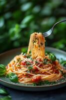 Spaghetti with tomato sauce and basil on a fork photo