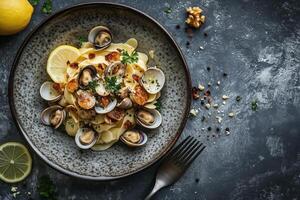 Pasta with clams and lemon on a dark background photo