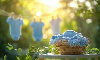 A basket with clothes hanging on a clothesline photo