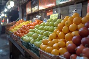 A fruit stand with oranges, lemons, and apples photo