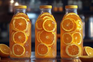 Three bottles of orange juice with slices of orange photo